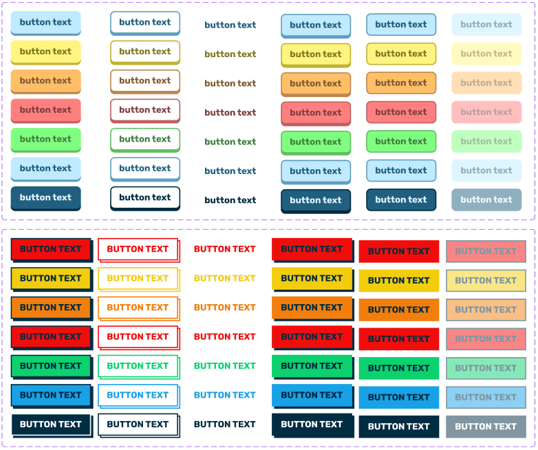 Primaire, secundaire en tertiare knoppen met hover, active en disabled state. Boven de 2024-variant, onder de nieuwe 2025-05-stijl