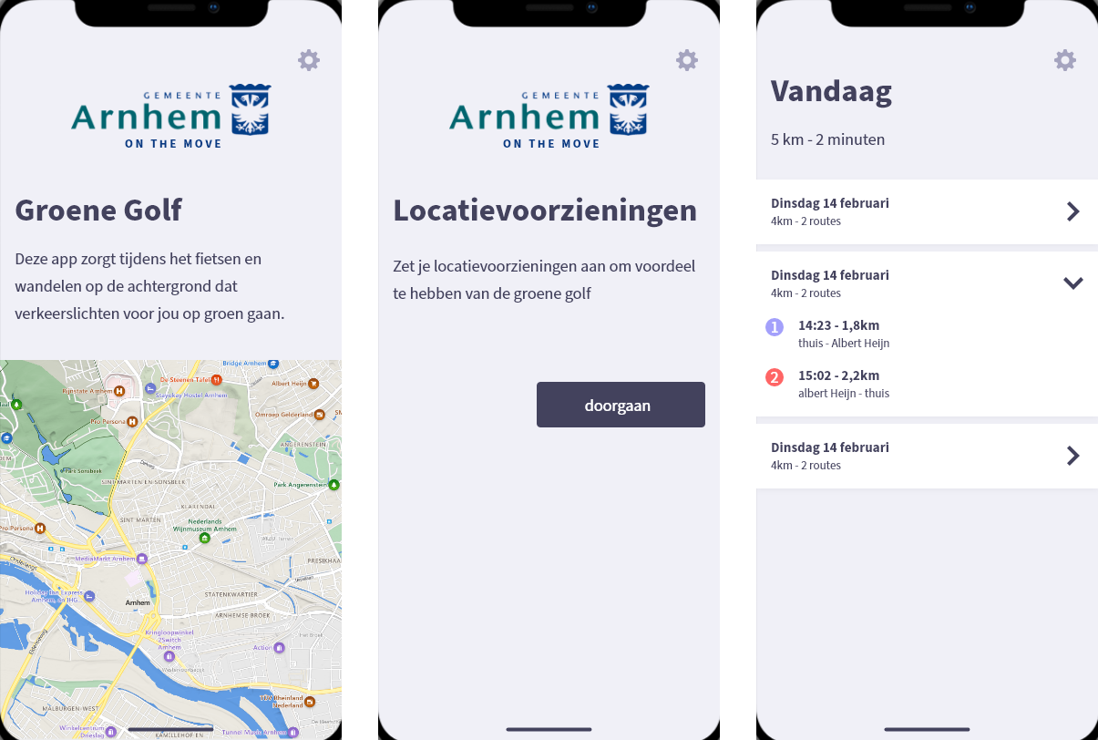 Concept 1: Arnhem on the Move Too. Gewin in de vorm van goederen werkt tijdelijk goed, maar zakt snel weg. Door te focussen op het geven van inzicht en bieden van voordelen (welke route is sneller, wanneer heb ik hoe veel gefietst en met deze app wordt het verkeerslicht sneller groen) is de feedback directer en positief gekoppeld aan gebruik van de app