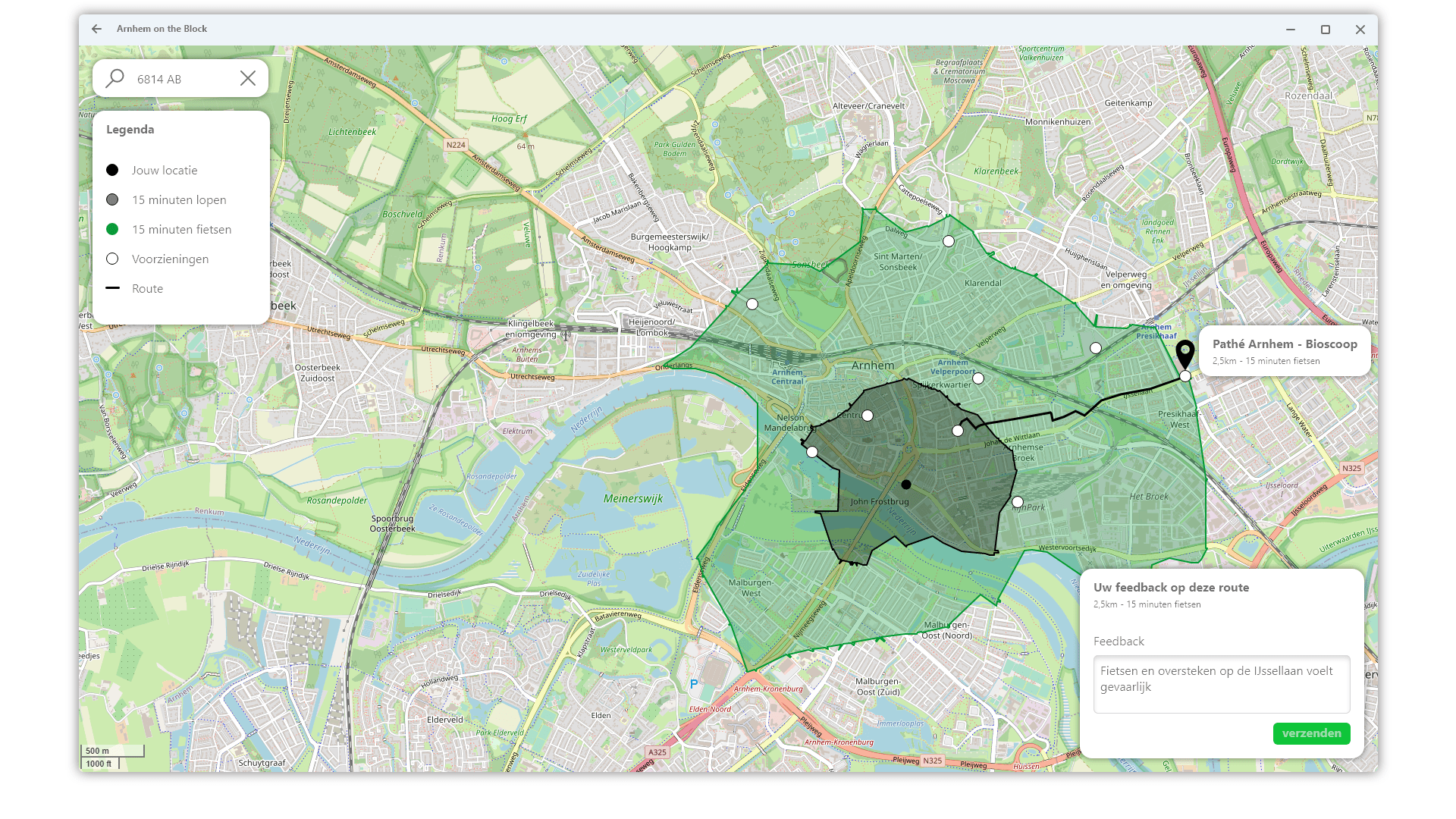 Concept 2: Arnhem on the Block: Een kaart van Arnhem geeft gebruikers de mogelijkheid te zien of voorzieningen binnen 15 minuten bereikbaar zijn. Gebruikers kunnen feedback geven op situaties in de stad en gemeentemedewerkers kunnen inzien waar bereik van gebruikers niet voldoende is, of waar gebruikers klachten hebben over verkeerssituaties