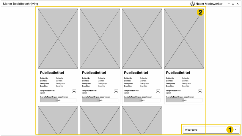 Publicatie-overzicht: publicatie-informatie, gebruiker en status per publicatie. Weergave-opties rechts onderin