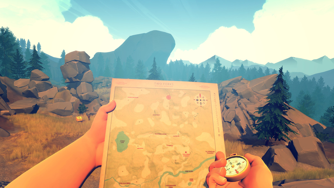 Voorbeeld van hoe het spel Firewatch dit toepast: de hoofdrolspeler pakt de kaart en een kompas en houdt deze in beeld