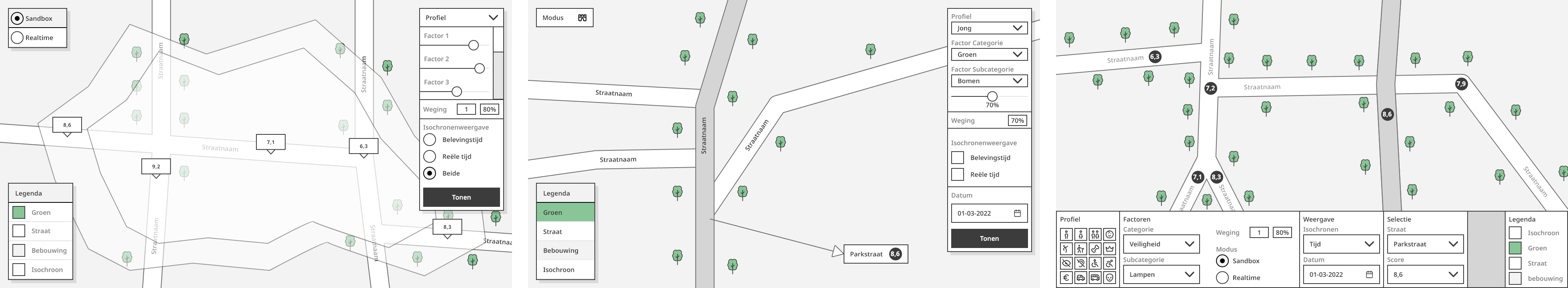 Mid Fidelity-wireframes gebaseerd op de aangeleverde schetsen