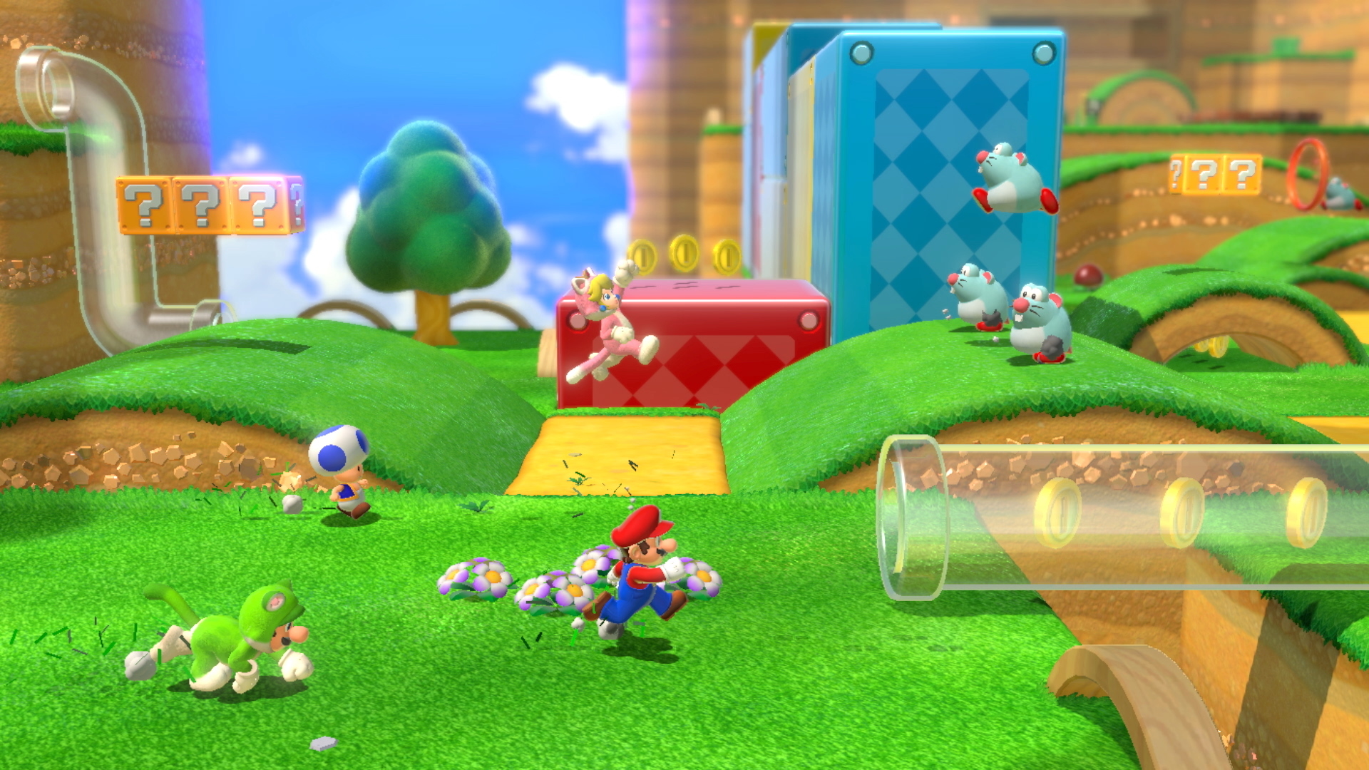 Super Mario 3D World: mechanic zien, veilig kunnen uitproberen, risico toevoegen en koppelen aan andere mechanics voor grotere uitdagingen