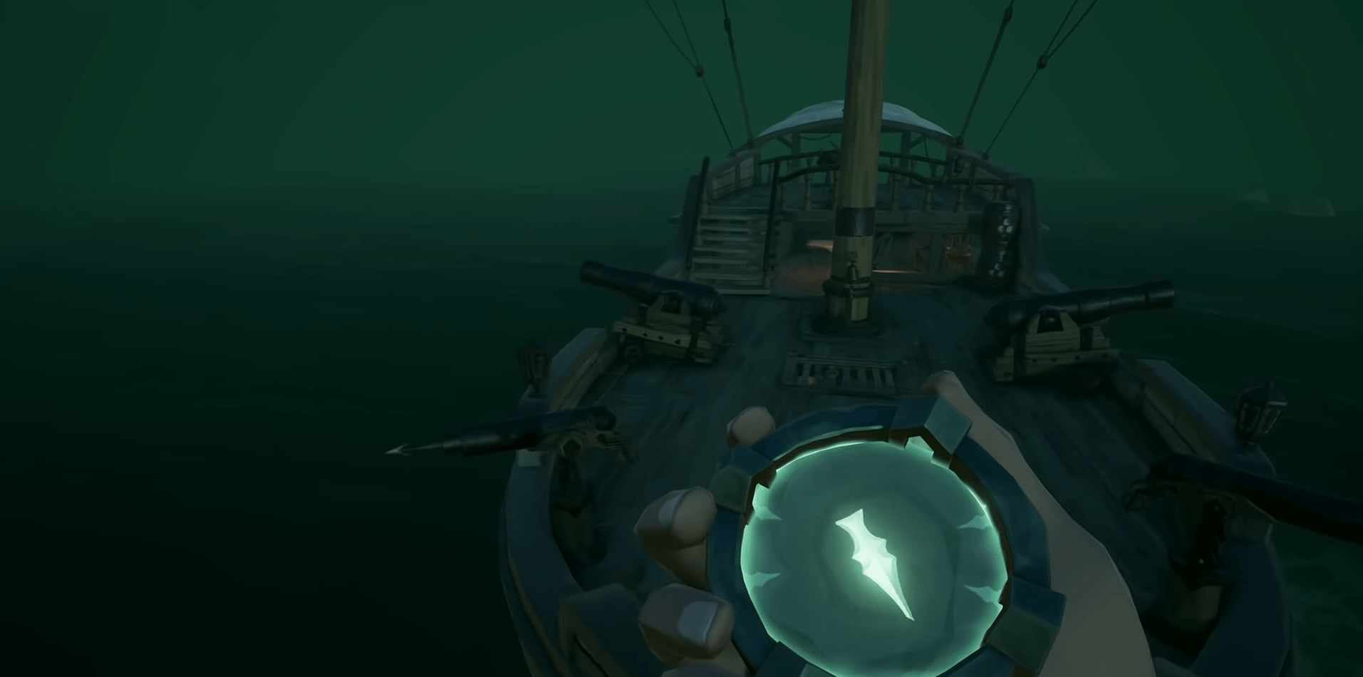 Voorbeeld van hoe het spel Sea of Thieves dit toepast: het kompas dat de hoofdrolspeler in beeld houdt wijst altijd naar het volgende in je quest