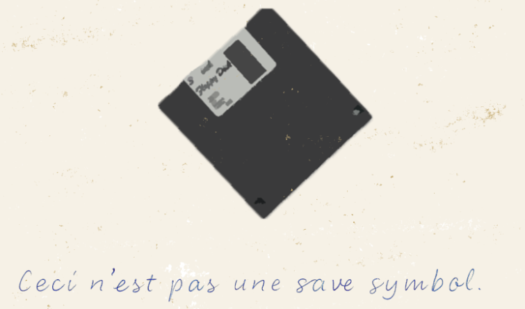 een afbeelding van een 3.5 inch diskette, met onderschrift 'dit is geen save symbol'